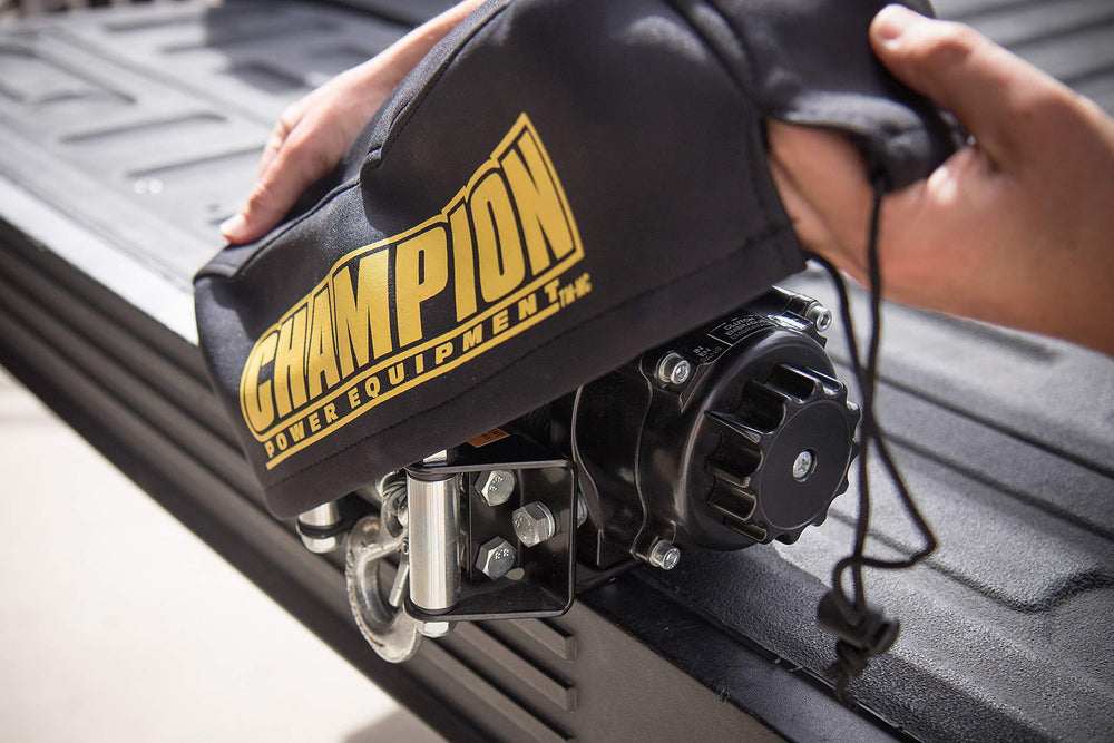 Champion Power Equipment neoprene winch cover features adjustable drawstring for secure fit
