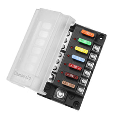 Chatovalo 6-circuit fuse box front view with clear status window for quick checks.