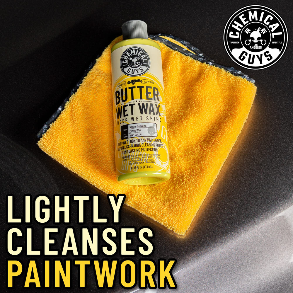 Chemical Guys Butter Wet Wax applied to car finish enhances gloss and depth.