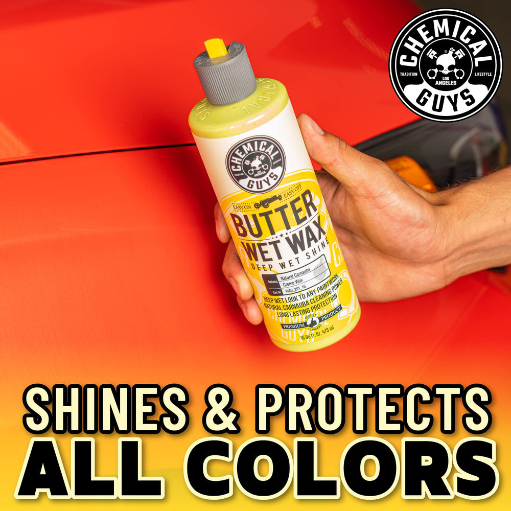 Chemical Guys Butter Wet Wax is safe for clear coats, glass, and polished metals.
