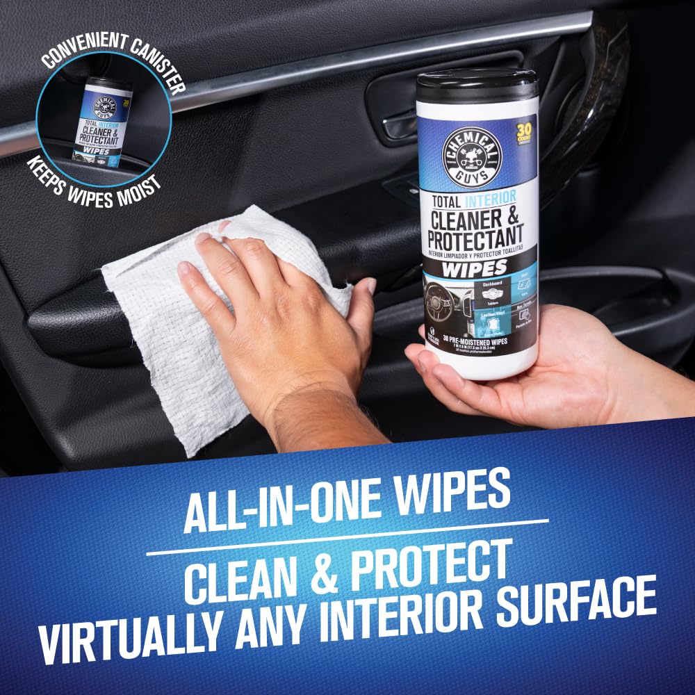 Chemical Guys Canister Wipes pack open, ready for quick interior touch-ups.