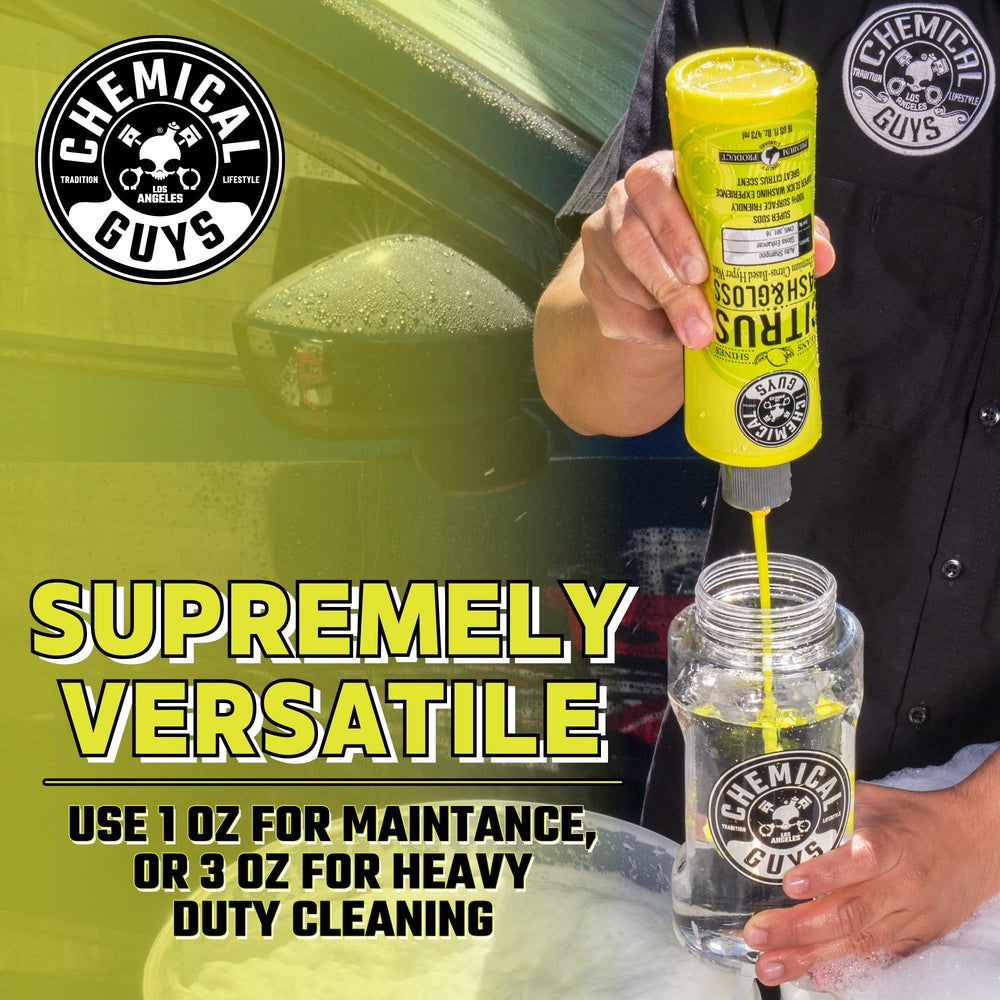 Chemical Guys Citrus Wash & Gloss lifts grime with gentle, effective suds.