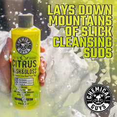 Chemical Guys Citrus Wash & Gloss polymers boost gloss after washing.