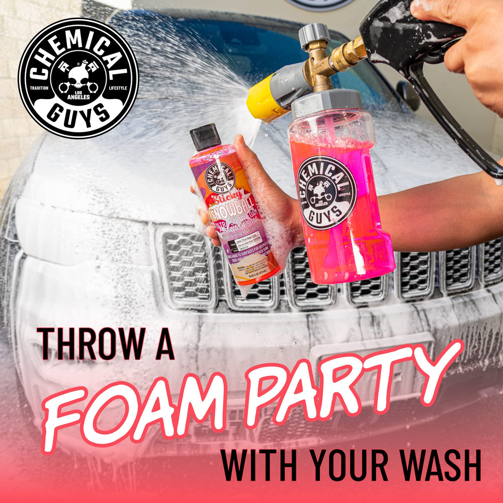 Chemical Guys Sticky Snowball bucket-wash setup shows safe, beginner-friendly use.