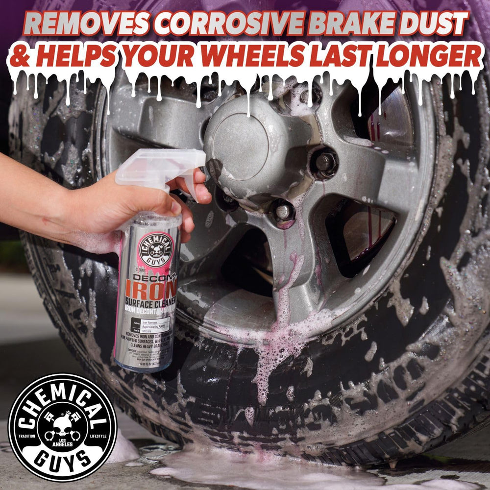 Chemical Guys Decon Pro color-changing action reveals iron particle removal during cleaning.