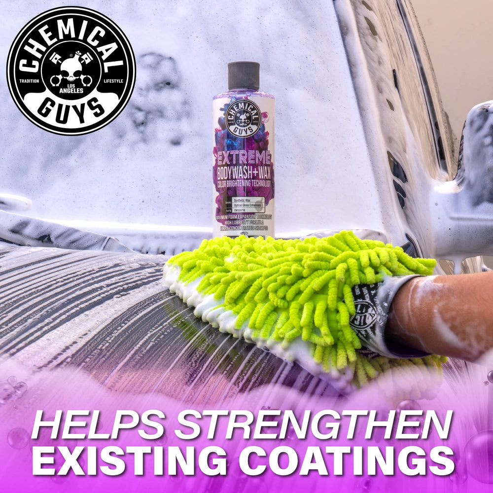 Chemical Guys Extreme Bodywash and Wax rich foam lather lifts grime.