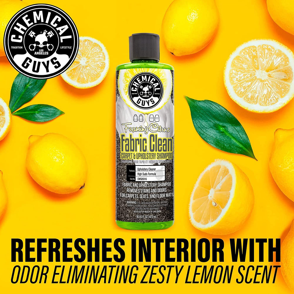 Foaming Citrus Fabric Cleaner foam lifting stains from upholstery by Chemical Guys