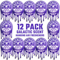 Chemical Guys Galactic Scent hanging air freshener enhances car interiors with a fruity aroma.