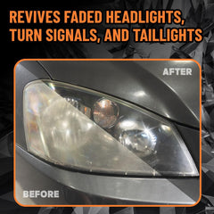 Chemical Guys Headlight Restore and Protect before-after display with clarity gain