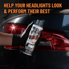 Chemical Guys Headlight Restore and Protect oxidation removal in action on lens