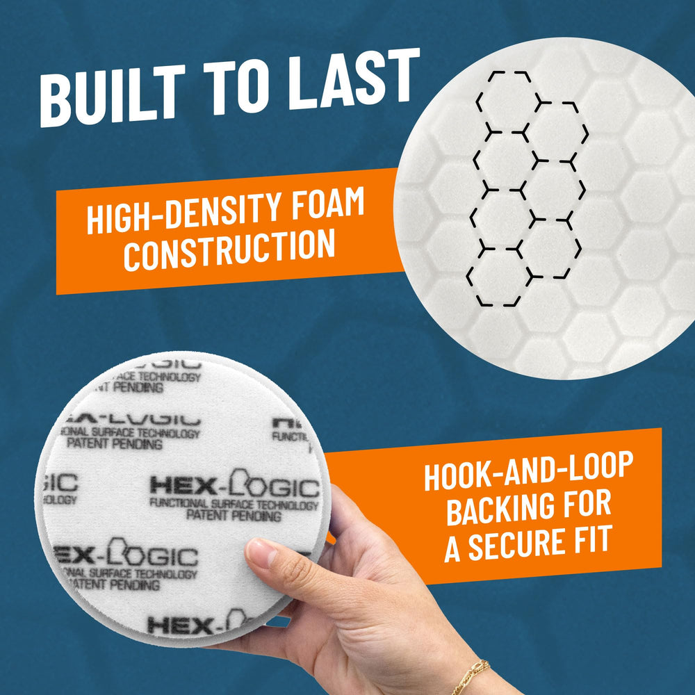 Chemical Guys Hex-Logic white pad on a panel aiding swirl removal during finishing steps.