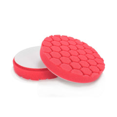 Chemical Guys Hex-Logic red finishing pad mounted on polisher for smooth wax and sealant application.