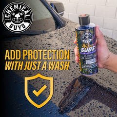 Chemical Guys HydroSuds thick foam clings to panels, reducing swirl risk.