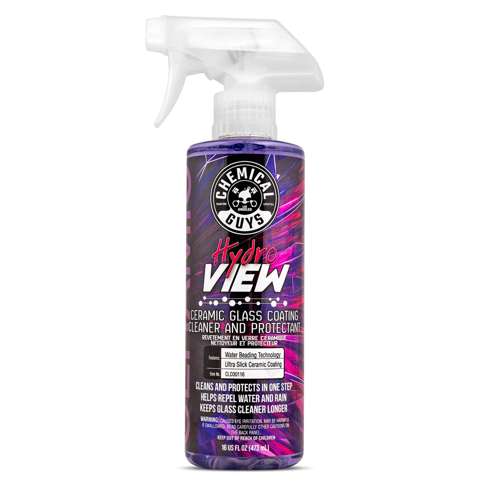 Chemical Guys HydroView spray bottle applying cleaner for quick glass protection.