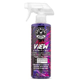 Chemical Guys HydroView spray bottle applying cleaner for quick glass protection.