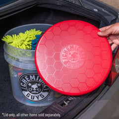 Chemical Guys IAI518 red bucket lid shown as a kneeling post during detailing.