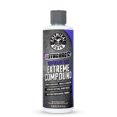 Chemical Guys Insynchro Supreme Extreme Compound bottle pour demonstrates powerful cutting for deep corrections.