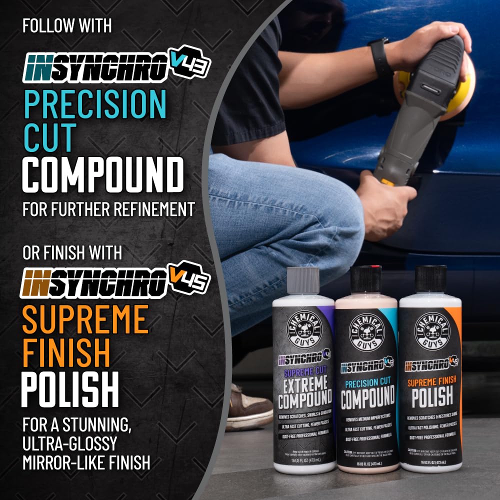 Chemical Guys Insynchro Supreme Extreme Compound finish test swatch reveals smooth glossy results.