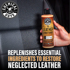 Chemical Guys leather care application on car seats, furniture, or jackets.