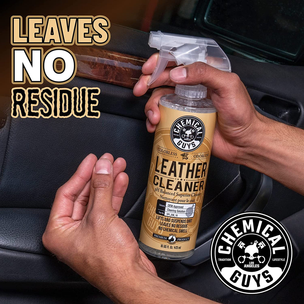 Chemical Guys leather cleaner action penetrating pores to lift oils and dirt.