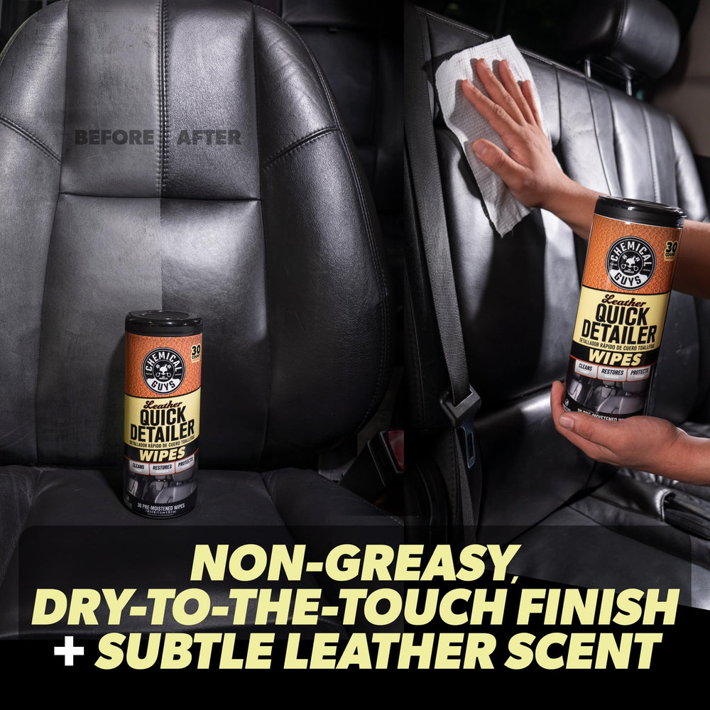 Chemical Guys Leather Quick Detailer Wipes canister stored in glove compartment