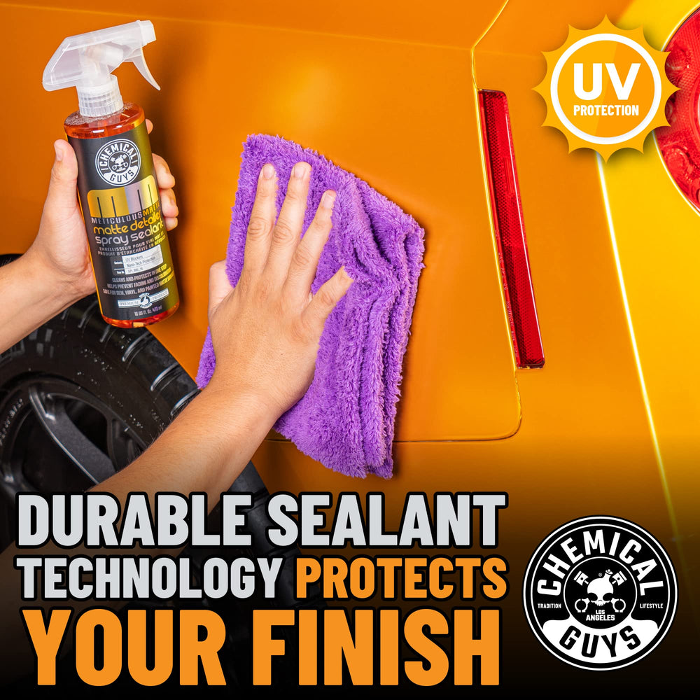 Chemical Guys Meticulous Matte Detailer in action cleans dirt from matte surfaces safely.