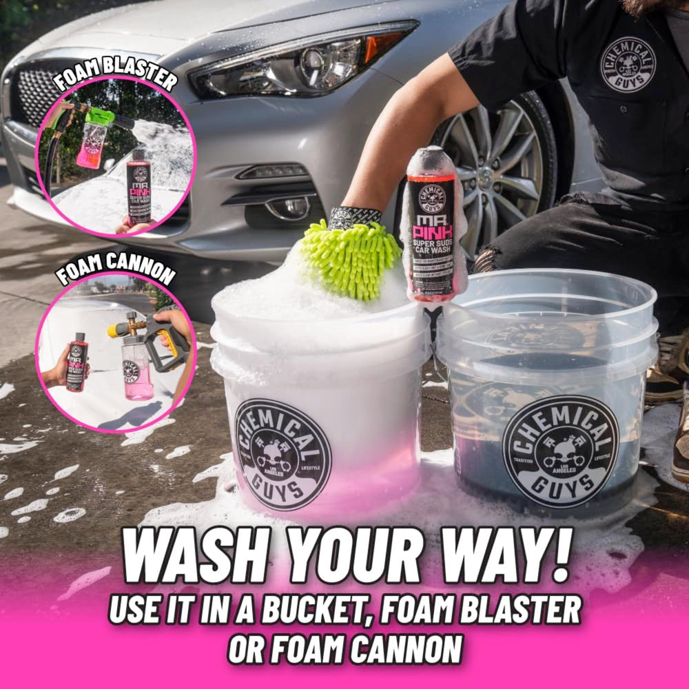 Chemical Guys Mr. Pink foam cannon-ready image highlights large 128 oz value.