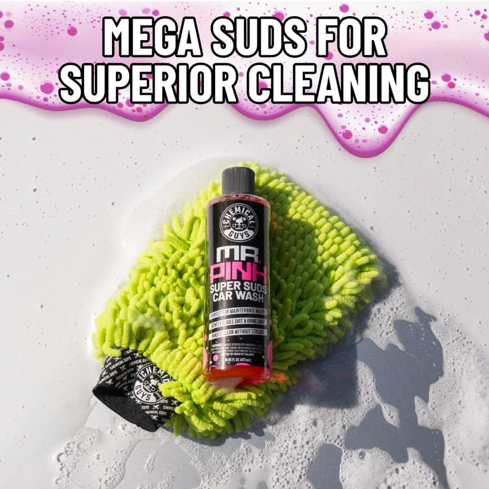 Chemical Guys Mr. Pink rich foam suds encapsulate dirt for safer washing.
