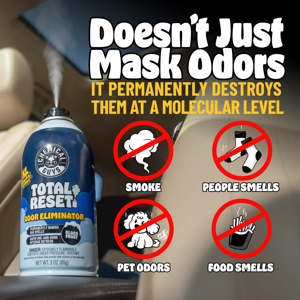 Chemical Guys Odor Eliminating Fogger interior refresh penetrates vents for thorough odor removal.
