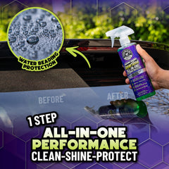 Chemical Guys Raging Rhino spray-action demonstrates fast, rinse-free cleaning on a dusty surface.
