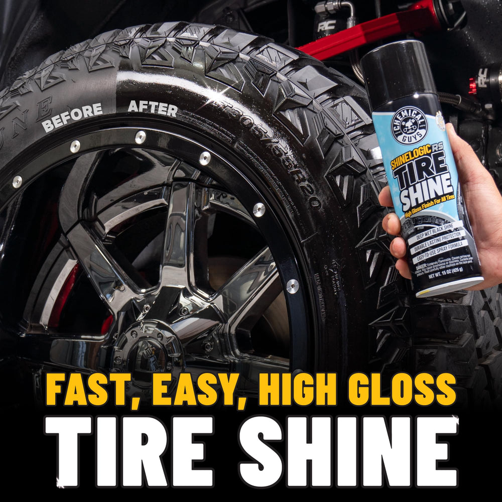 Chemical Guys Shine Logic Tire Shine restores faded rubber for a consistent, glossy look.