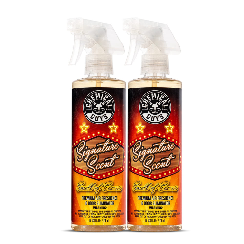 Chemical Guys Signature Scent air freshener bottle delivers a long-lasting car fragrance.