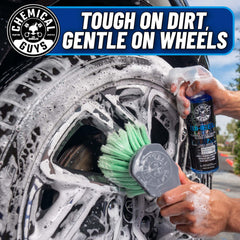 Chemical Guys wheel cleaner applied to wheel surface removes grime with citrus action