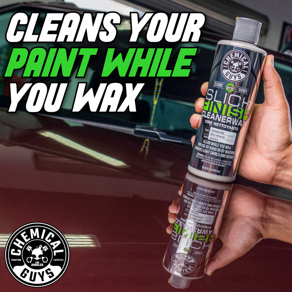 Chemical Guys Slick Finish Cleaner Wax microfiber buff towel shows final wipe for a premium glow.