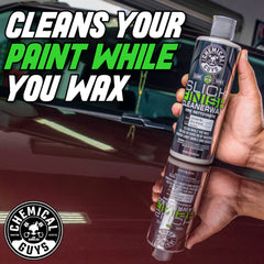 Chemical Guys Slick Finish Cleaner Wax microfiber buff towel shows final wipe for a premium glow.