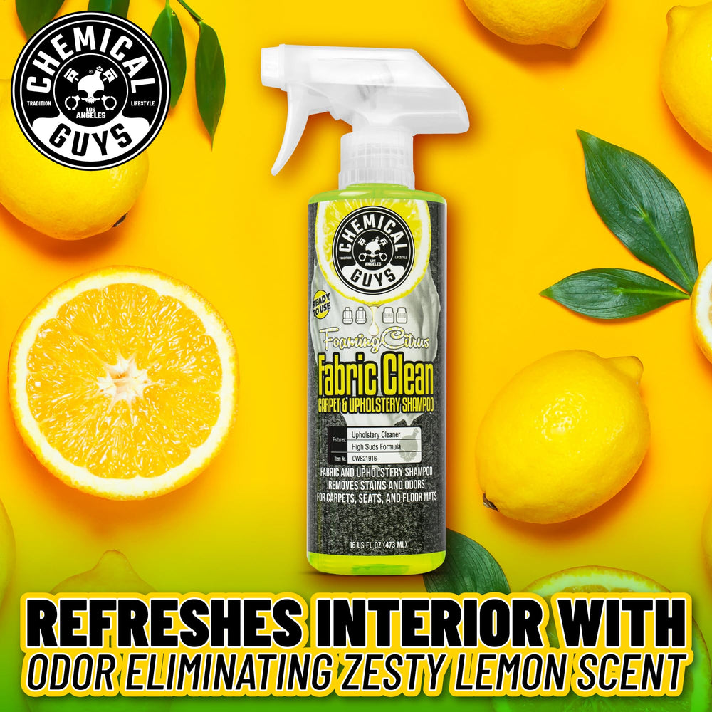 Chemical Guys Sprayable Citrus Fabric Clean foam action lifts dirt from car carpets.