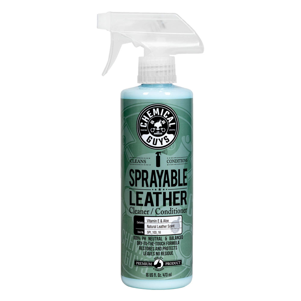 Chemical Guys Sprayable Leather Cleaner and Conditioner bottle pour enables quick leather maintenance.