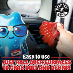 Chemical Guys Sticky Icky Gel is safe on plastic, rubber, metal, and glass.