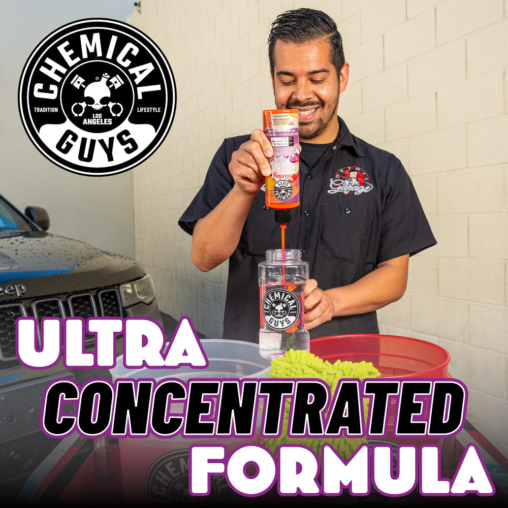 Chemical Guys Sticky Snowball foamy suds on vehicle surface illustrate strong cleaning power.