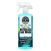 Chemical Guys Swift Wipe bottle spray demonstrates easy, waterless cleaning for on-the-go maintenance.