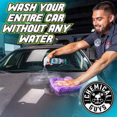 Chemical Guys Swift Wipe shows dirt removal on a windshield or glass surface.