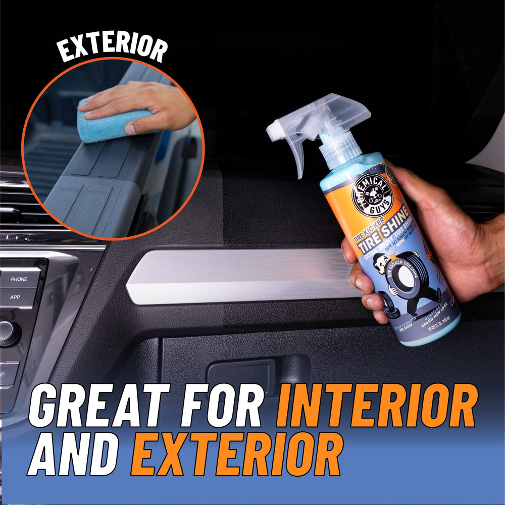 Chemical Guys Tire Kicker sprayable tire shine demonstrates a dry-to-touch finish on surfaces