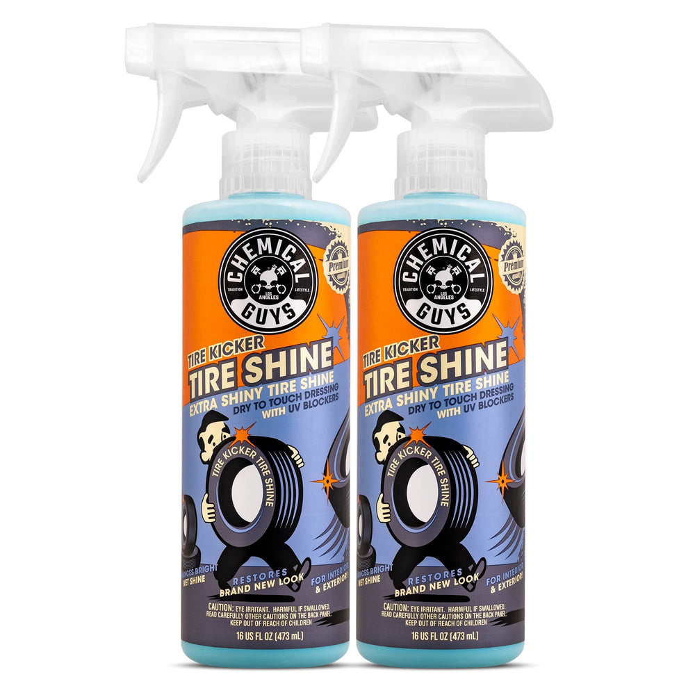 Chemical Guys Tire Kicker sprayable tire shine shows a deep gloss on tires