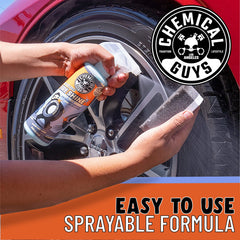 Chemical Guys Tire Kicker sprayable tire shine on a tire shows wet-look finish