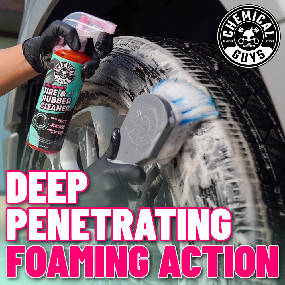 Product demonstrates surface prep for tire shine and ceramic coatings.