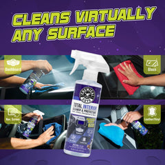 Chemical Guys Total Interior Cleaner on dashboard for streak-free, refreshed look.