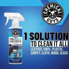 Chemical Guys Total Interior Cleaner surface cleaning action on dashboards and panels.