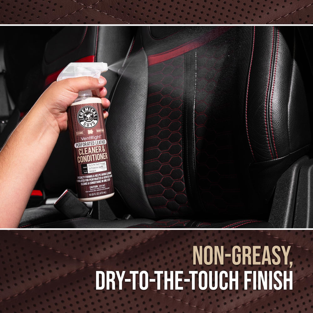 Chemical Guys VentRight application with microfiber towel on ventilated leather.