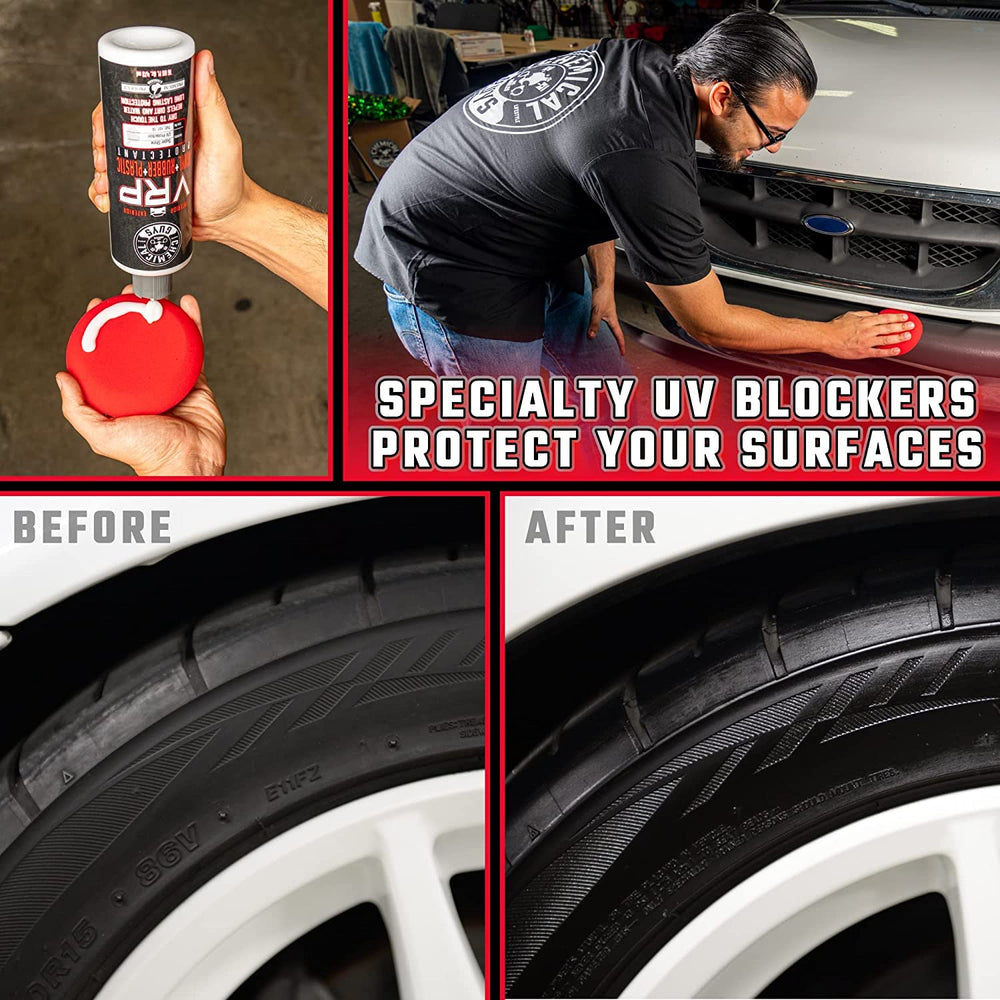 Exterior plastic restorer revives faded plastics on vehicle surfaces