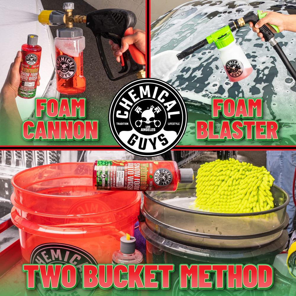Chemical Guys Watermelon Snow Foam on car bucket wash with plush mitt.